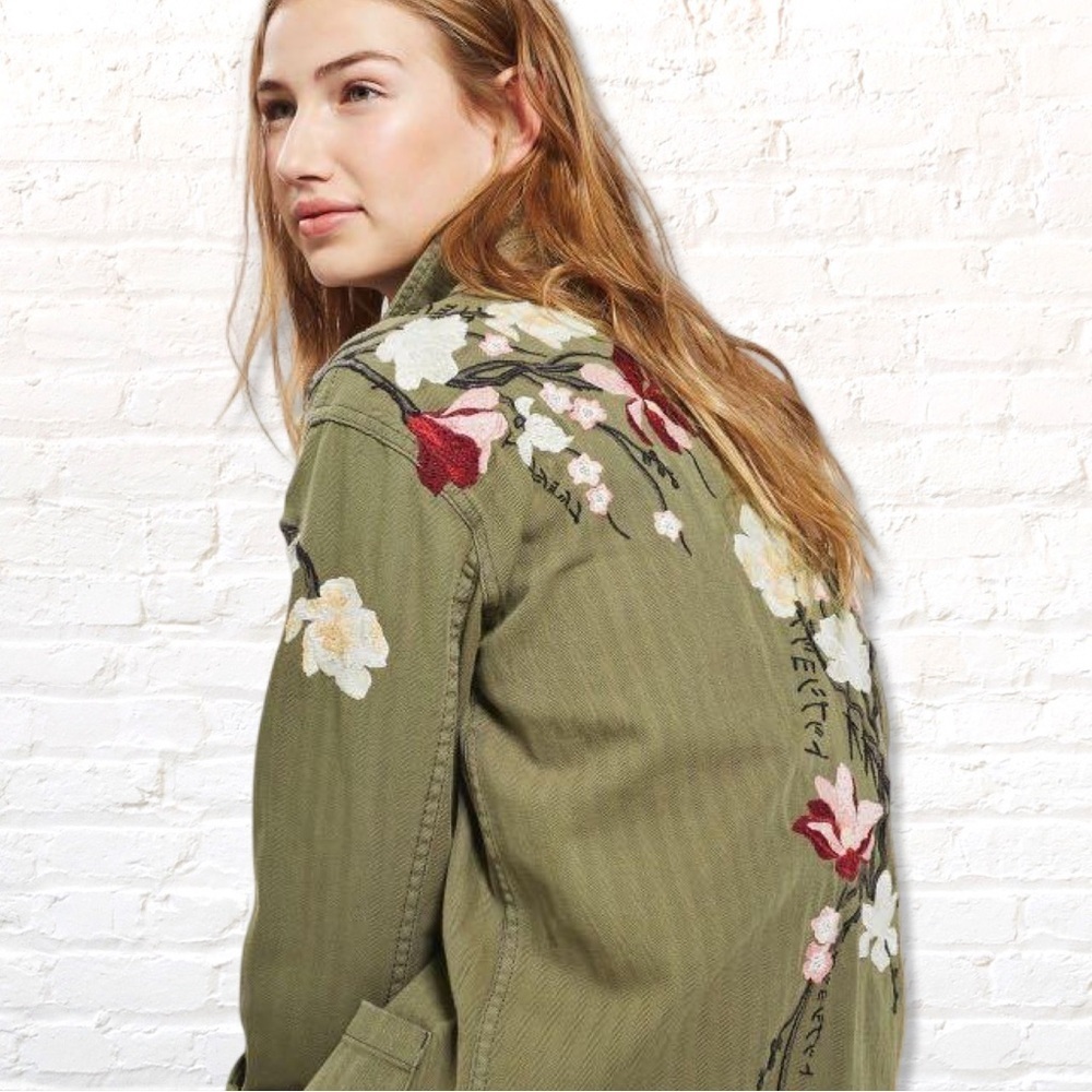 Top shop Olive Green Herringbone Military Jacket with Floral Embroidery size 2 - Picture 2 of 11